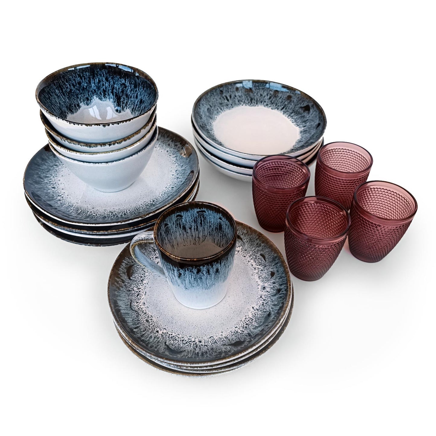 White & Blue Classic Dinnerware Set w/ Pink Cups
