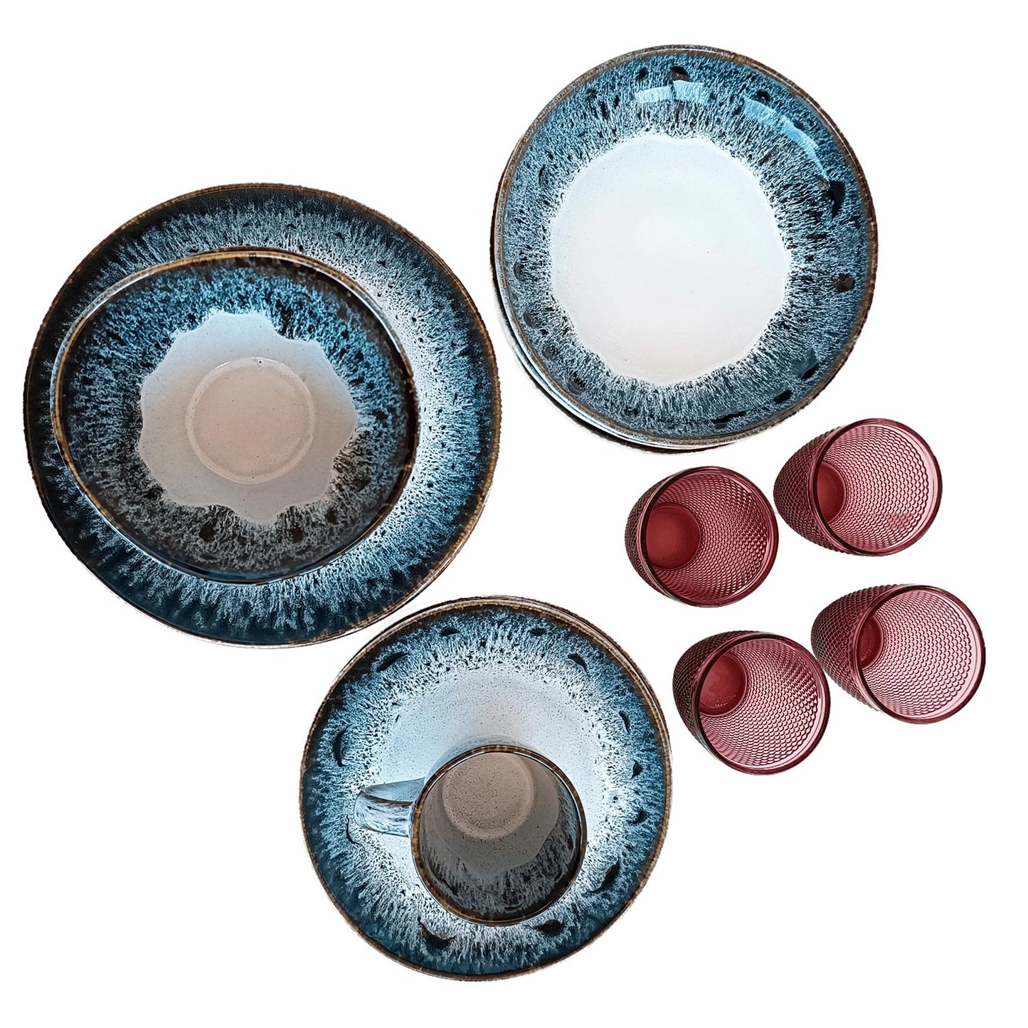 White & Blue Classic Dinnerware Set w/ Pink Cups