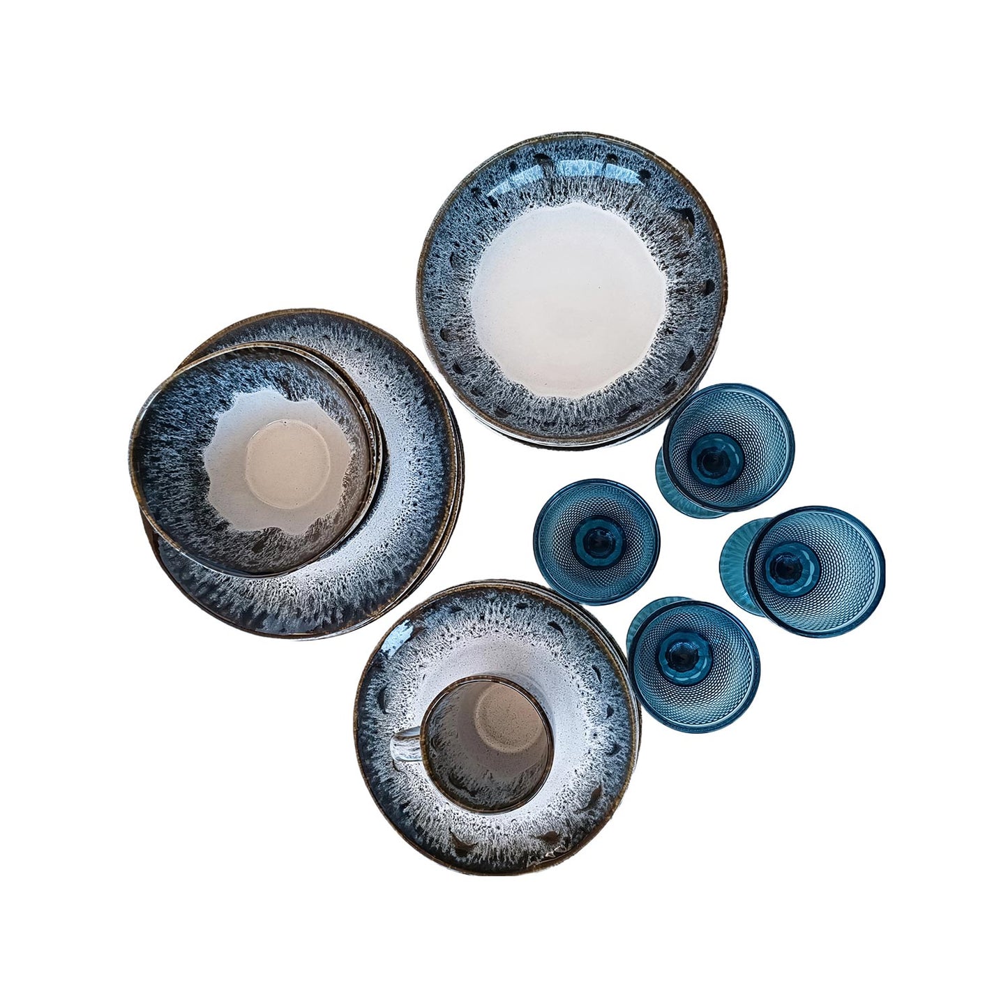 White & Blue Classic Dinnerware Set w/ Blue Goblets