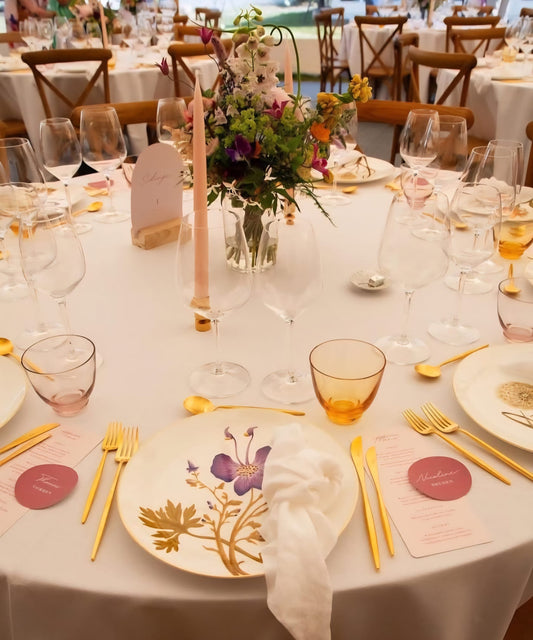 Luxury autumn to holiday table decor with porcelain plates and Belo Inox gold cutlery