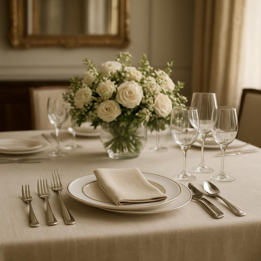 Elegant formal dining table with polished cutlery, white plates, folded napkin, wine glasses and a white rose centerpiece.