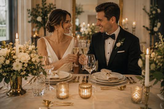 Bride and groom enjoying an elegant dinner with luxury cutlery and sophisticated wedding table setting