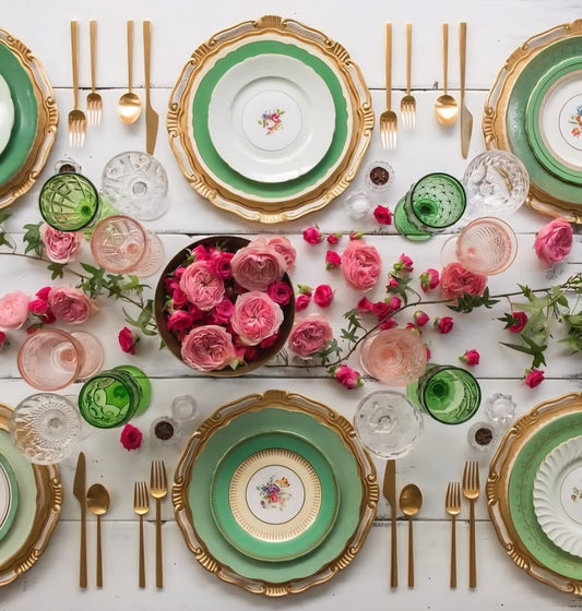 Luxury cutlery elevating dining table setting with gold forks and plates