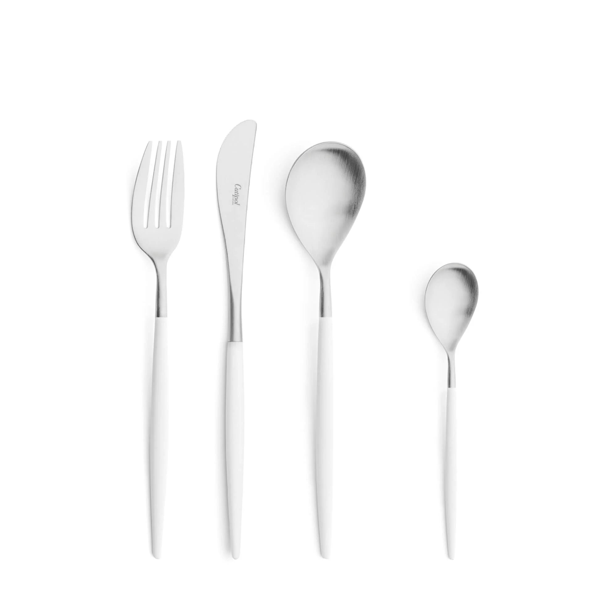 Set of silver cutlery including a fork, knife, and two spoons on a white background.