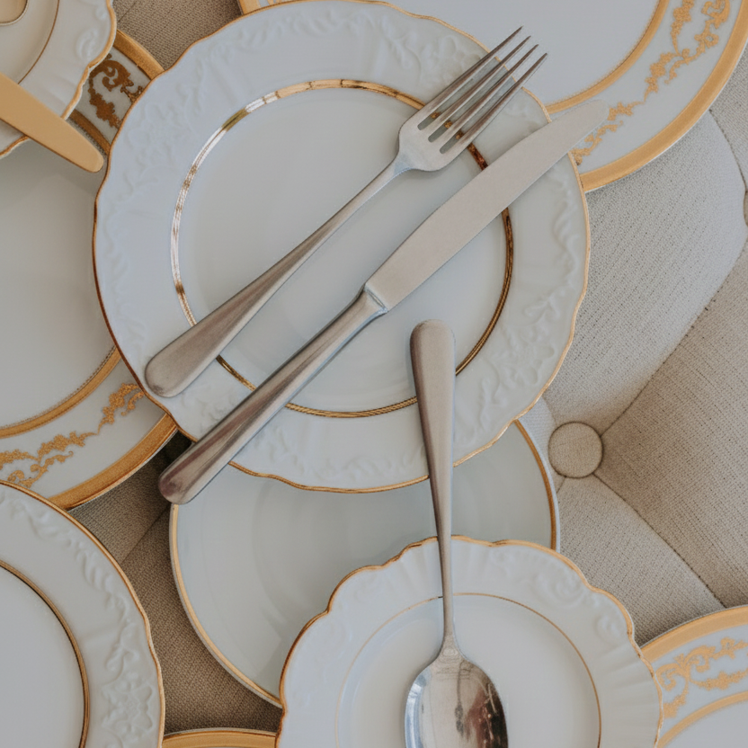 Polished stainless steel cutlery arranged on fine white porcelain plates with gold rims in an elegant table setting.