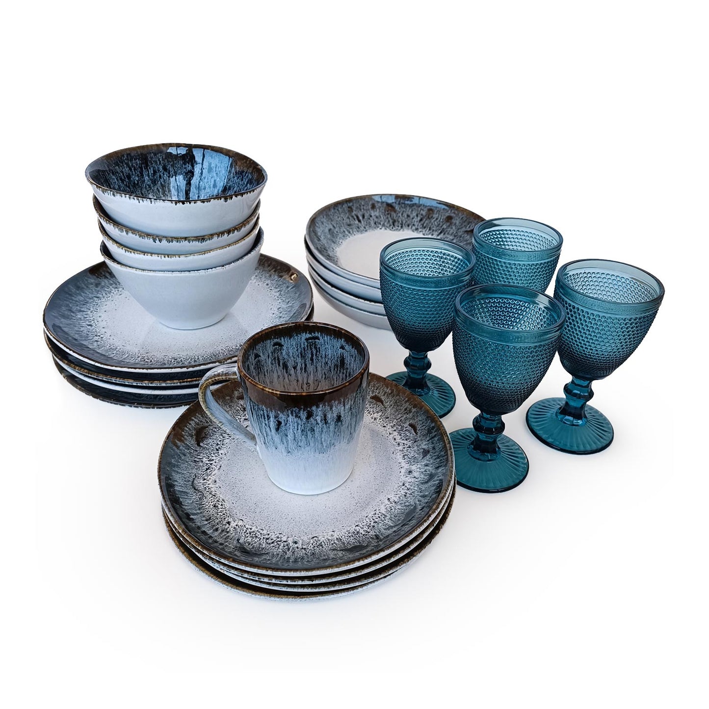 White & Blue Classic Dinnerware Set w/ Blue Goblets