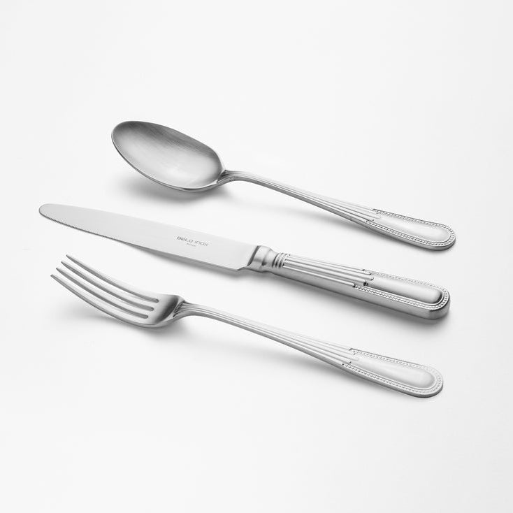 Belo Inox Alma silver brushed cutlery set with knife, fork and spoon on a white background