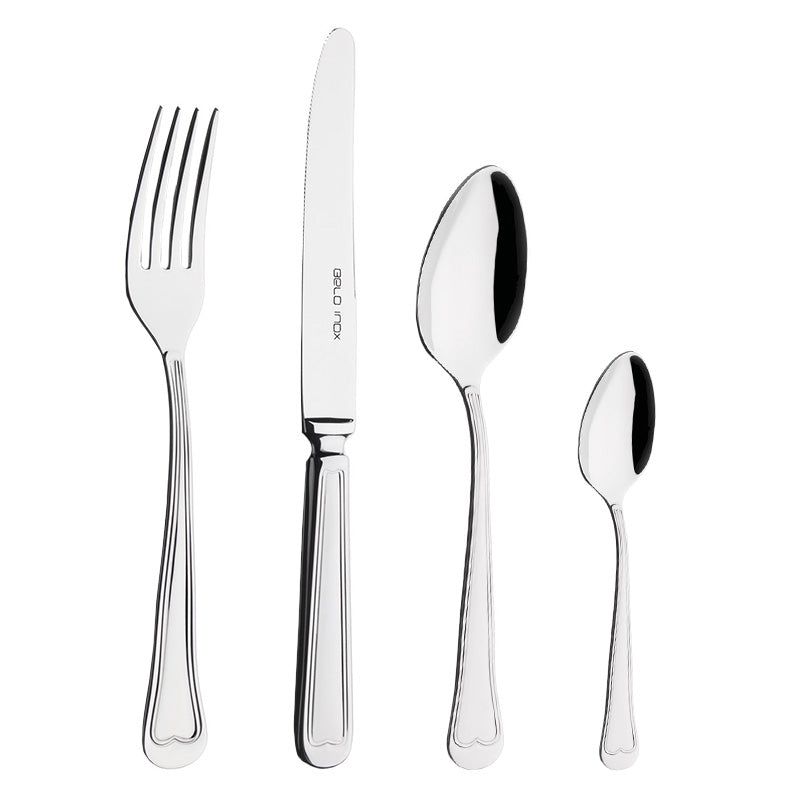 Belo Inox LISBOA stainless steel cutlery set including knife, fork, spoon and teaspoon, featuring classic rounded handles and mirror-polished finish made in Portugal.