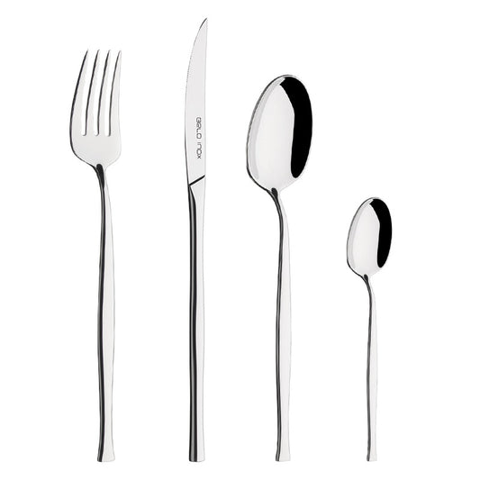 Belo Inox Luna cutlery set in stainless steel 18/10, including knife, fork, spoon, and teaspoon with a modern and elegant design