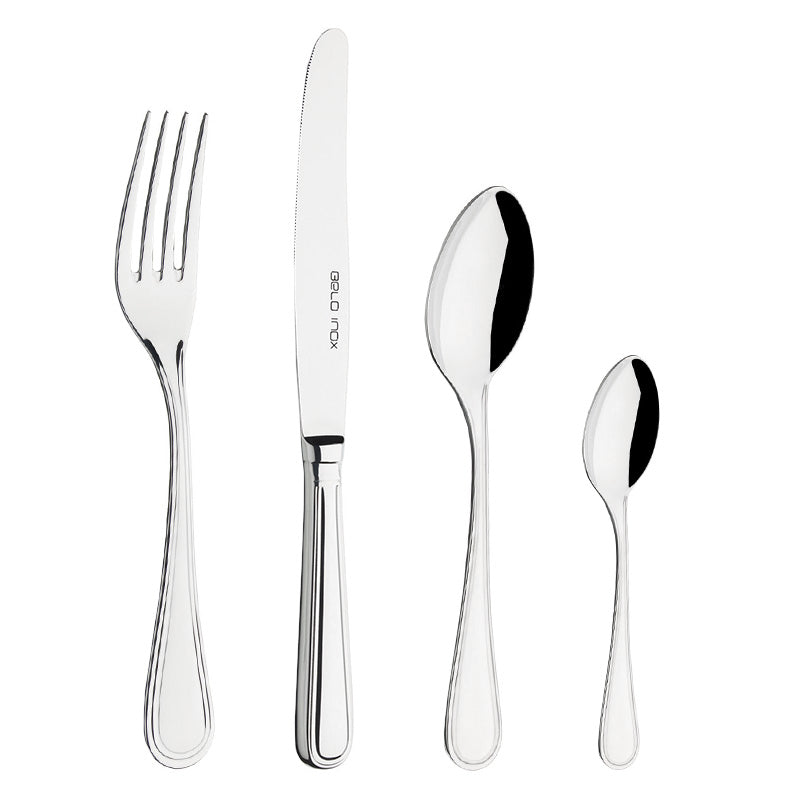 Belo Inox MALAGA stainless steel cutlery set including knife, fork, spoon and teaspoon, with classic rounded handles and polished mirror finish made in Portugal.