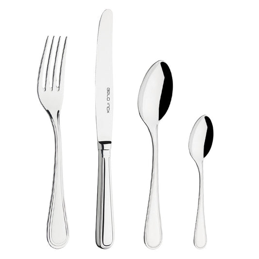 Belo Inox MALAGA stainless steel cutlery set including knife, fork, spoon and teaspoon, with classic rounded handles and polished mirror finish made in Portugal.