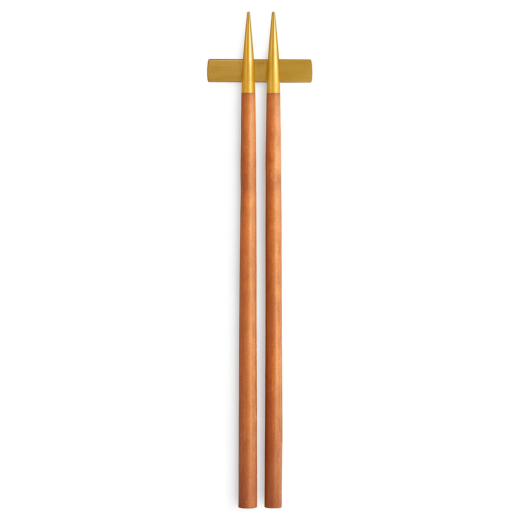Belo Inox Neo Brown Gold chopsticks with gold tips and matching gold rest on white background