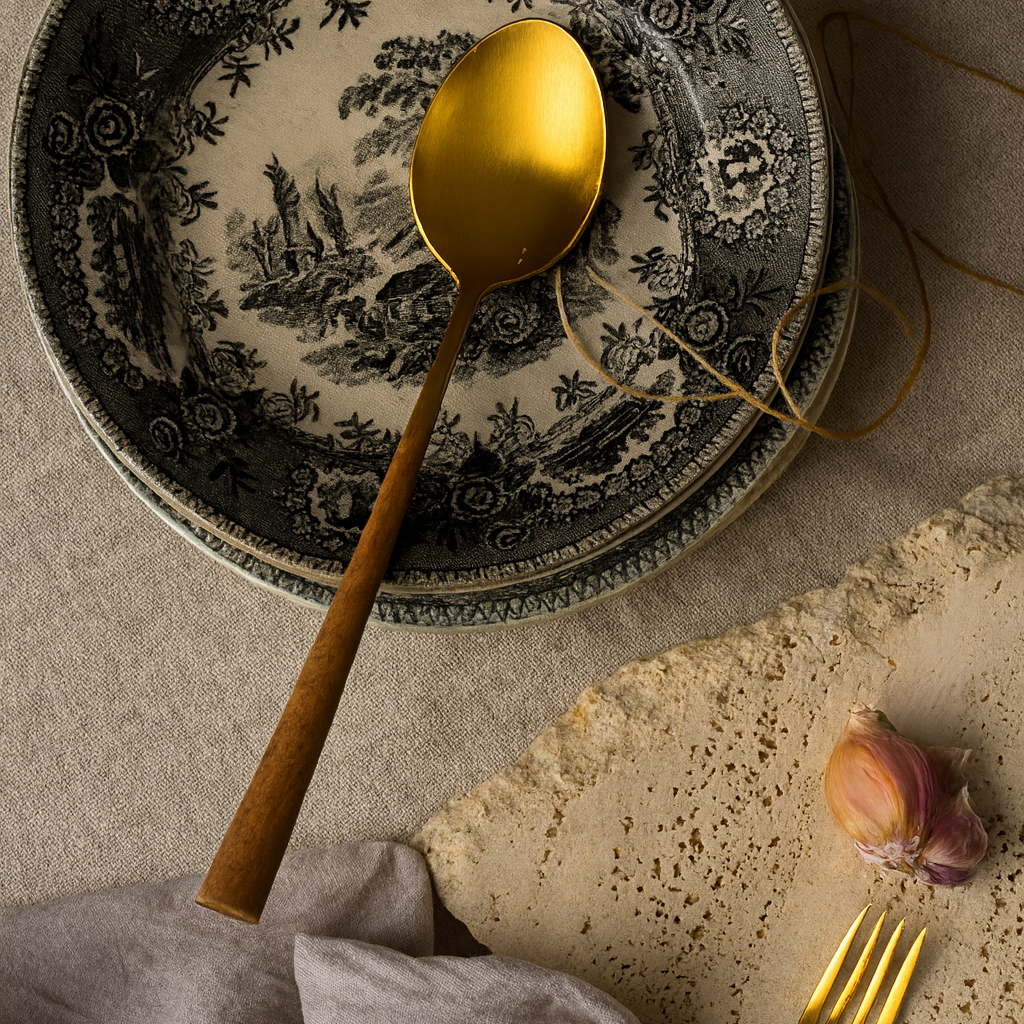 Neo Brown Gold serving spoon with a golden stainless-steel head and wooden handle, styled on vintage patterned plates
