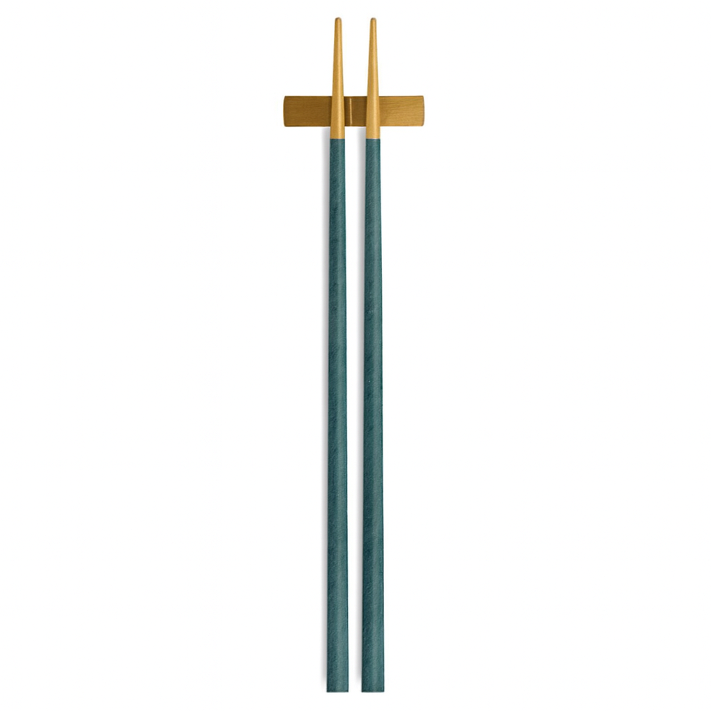 Pair of Belo Inox NEO Green chopsticks with gold metal tips and matching rest on a white background.