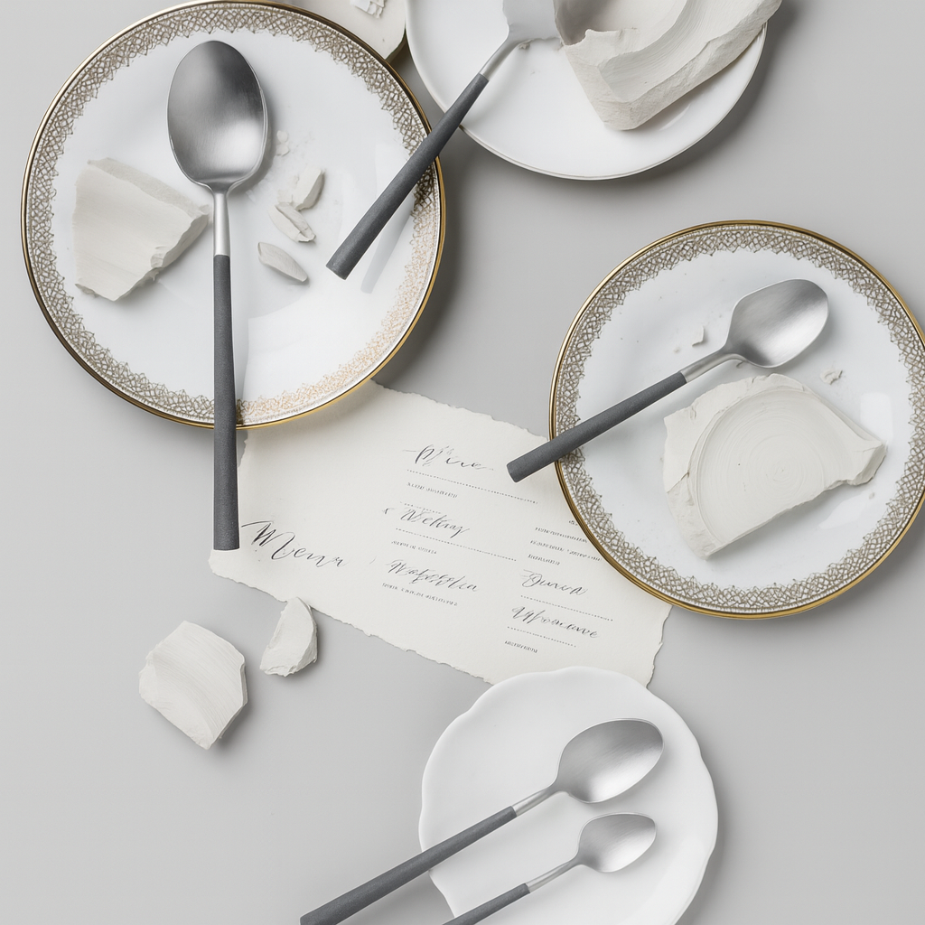 Belo Inox Neo Grey cutlery in brushed steel displayed on white plates with grey resin handles, modern lifestyle composition.
