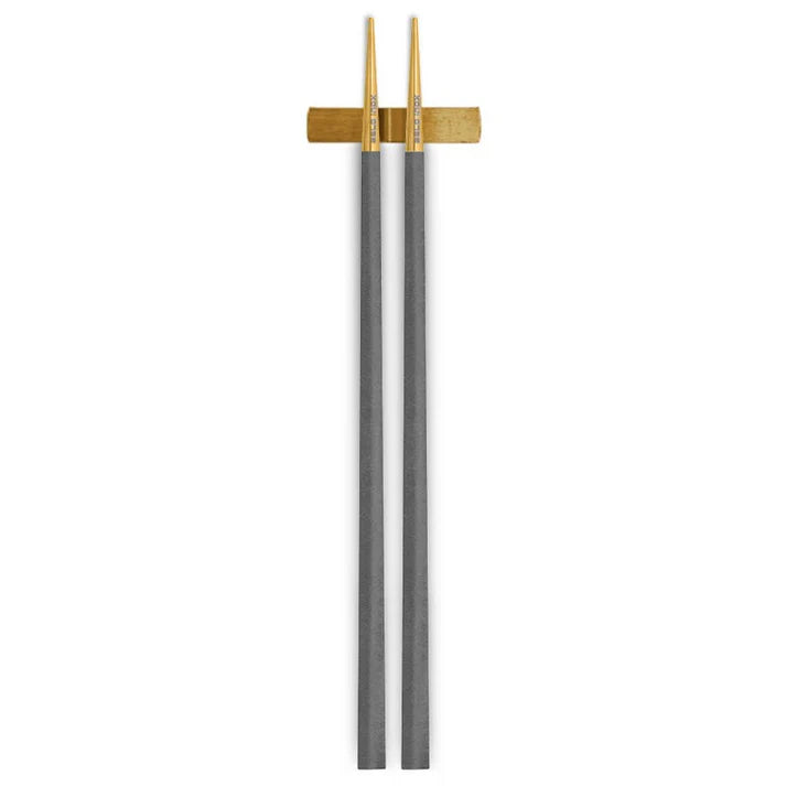 Belo Inox NEO Grey  gold chopsticks with stainless steel tips, black resin handles, and matching chopstick rest