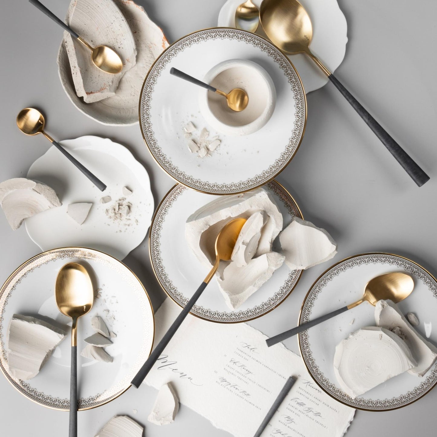 Belo Inox Neo Grey Gold cutlery set with brushed gold finish and grey resin handles, made in Portugal.
