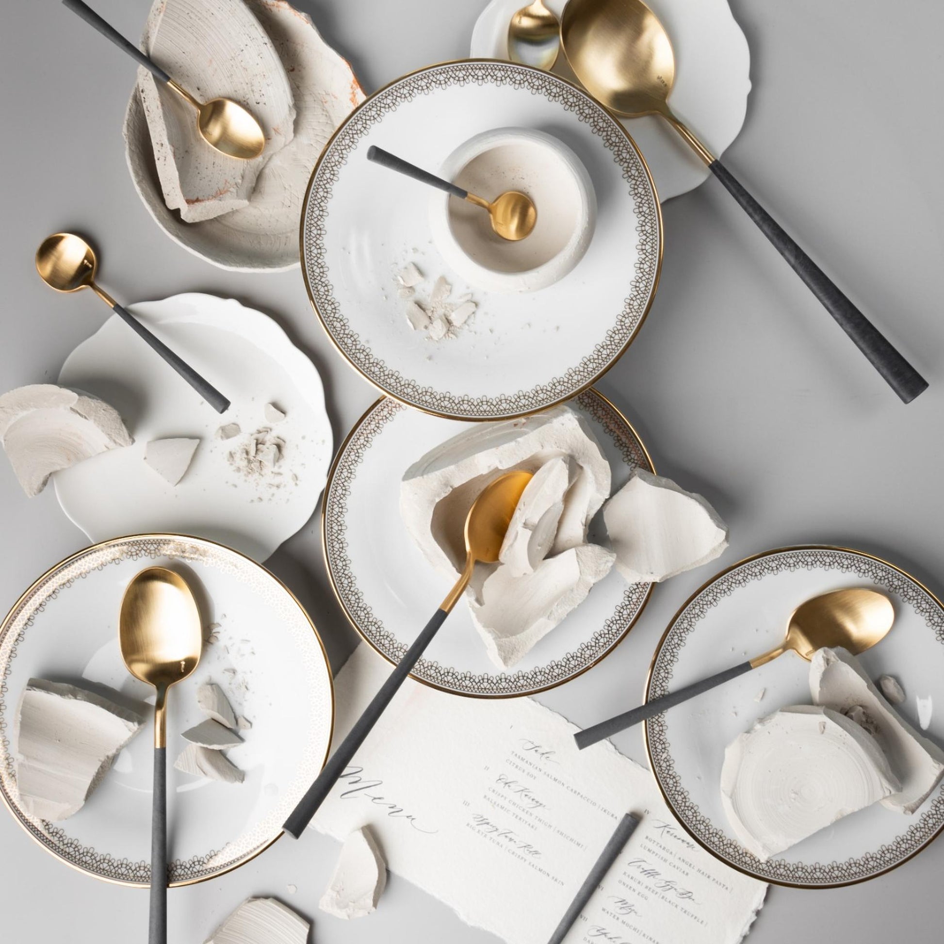 Belo Inox Neo Grey Gold cutlery set with brushed gold finish and grey resin handles, made in Portugal.