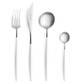 A set of Belo Inox Neo White cutlery including a table knife, fork, spoon, and teaspoon with white resin handles, made in Portugal.