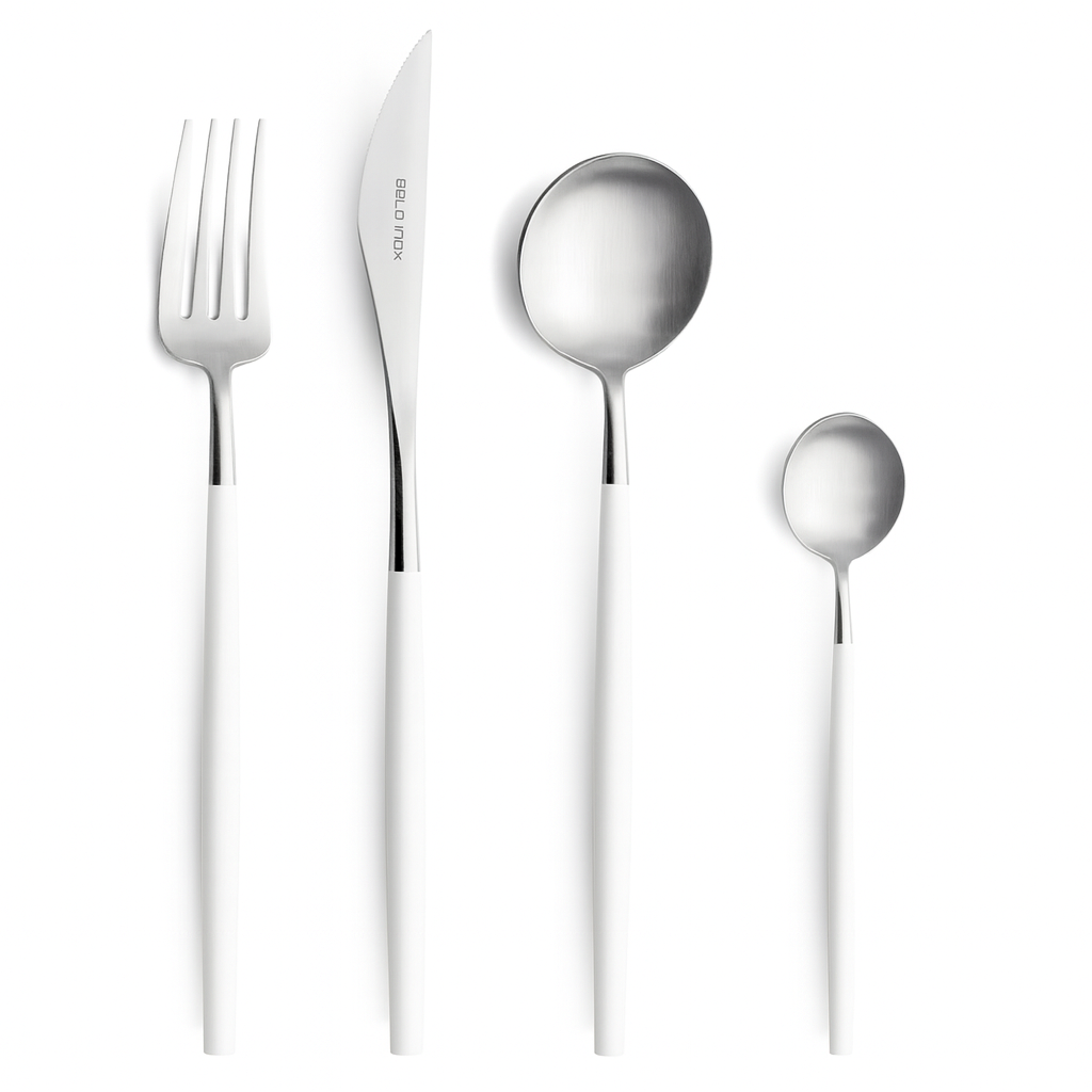 A set of Belo Inox Neo White cutlery including a table knife, fork, spoon, and teaspoon with white resin handles, made in Portugal.