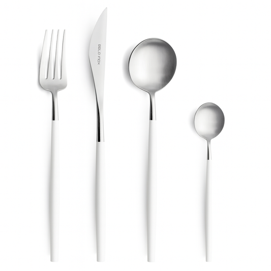 A set of Belo Inox Neo White cutlery including a table knife, fork, spoon, and teaspoon with white resin handles, made in Portugal.