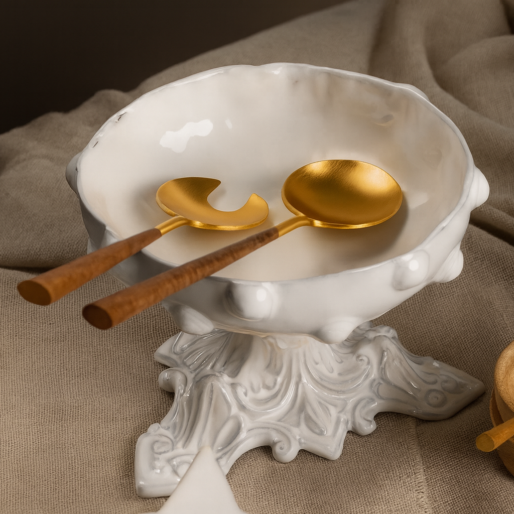 sophisticated lifestyle scene featuring Belo Inox Neo Wood salad servers with brushed gold metal heads and wooden handles resting inside a white ceramic bowl