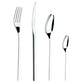 Belo Inox Nomo cutlery set in stainless steel 18/10, featuring table knife, fork, spoon, and teaspoon with a minimalist modern design.
