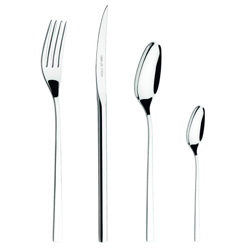 Belo Inox Nomo cutlery set in stainless steel 18/10, featuring table knife, fork, spoon, and teaspoon with a minimalist modern design.