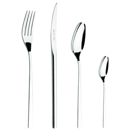 Belo Inox Nomo cutlery set in stainless steel 18/10, featuring table knife, fork, spoon, and teaspoon with a minimalist modern design.