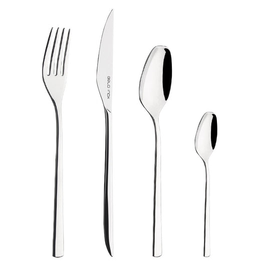 Belo Inox Obelisko cutlery set in polished 18/10 stainless steel, featuring a modern geometric design with knife, fork, tablespoon and teaspoon.