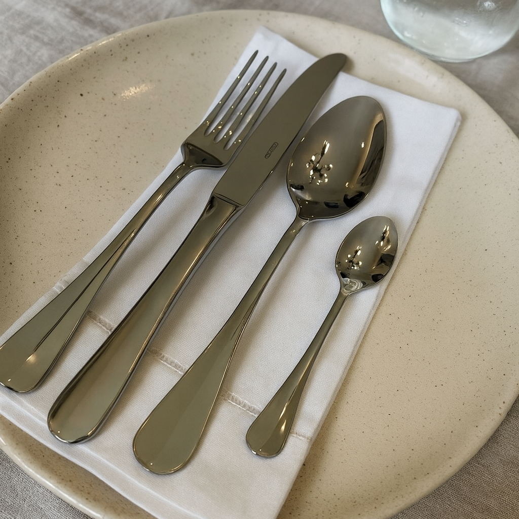 Belo Inox Palmela polished stainless-steel cutlery set placed on a white napkin with neutral ceramic plates