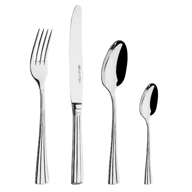 Belo Inox Principe stainless steel cutlery set with hollow handle design. Includes table knife, fork, spoon and teaspoon. Handcrafted in Portugal