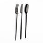 Belo Inox TWO cutlery set in black PVD high-shine — table fork, table knife and table spoon on white background