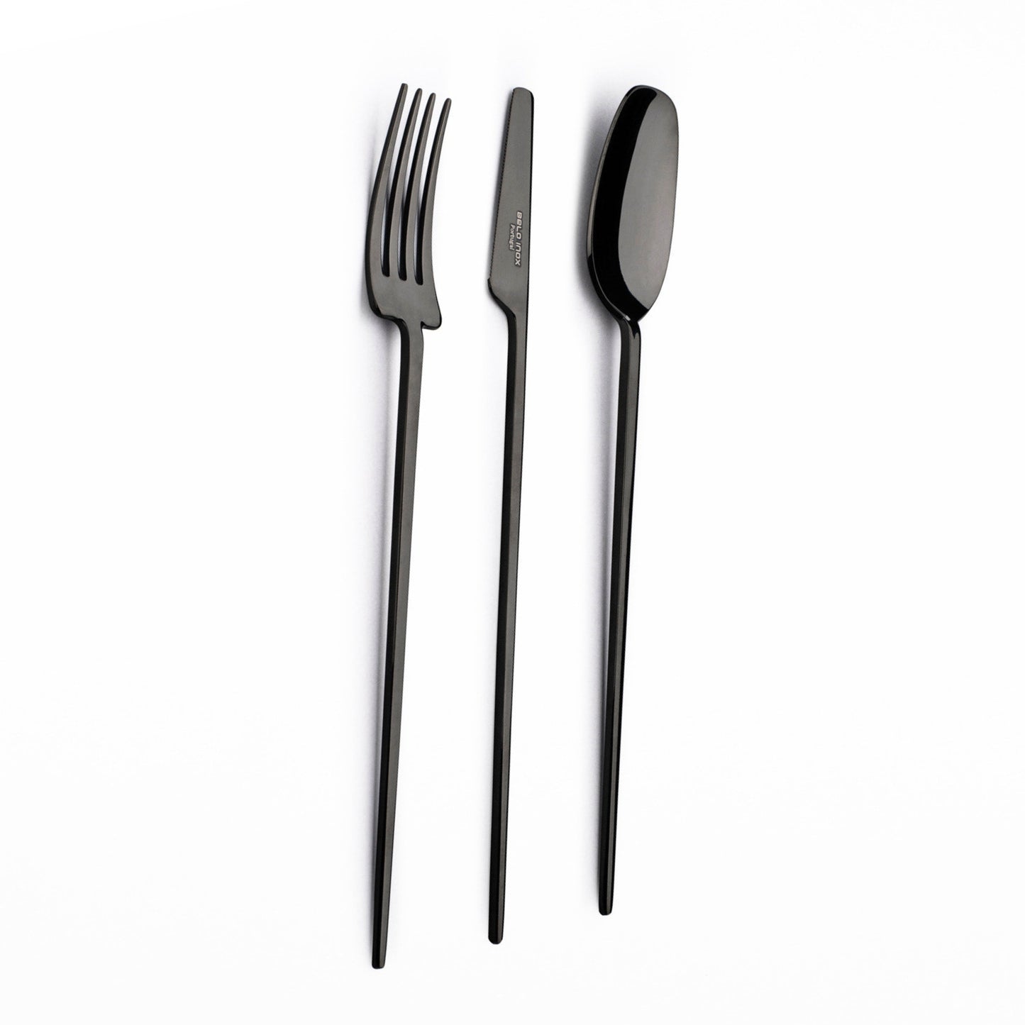 Belo Inox TWO cutlery set in black PVD high-shine — table fork, table knife and table spoon on white background