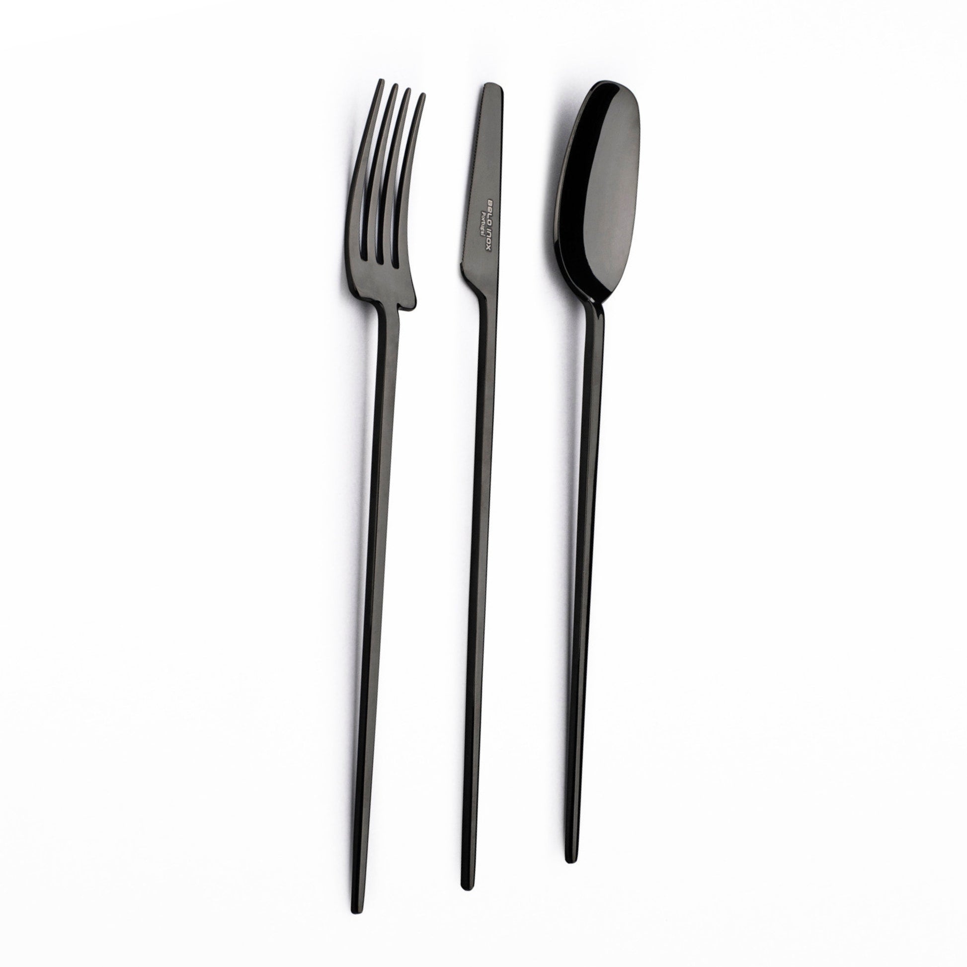 Belo Inox TWO cutlery set in black PVD high-shine — table fork, table knife and table spoon on white background