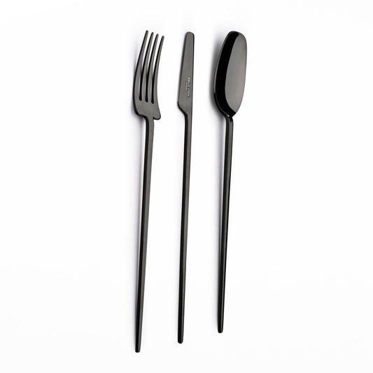 Belo Inox TWO cutlery set in black PVD high-shine — table fork, table knife and table spoon on white background
