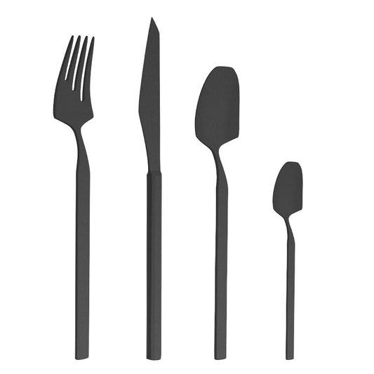 Belo Inox Vértice Black Matte cutlery set including a table knife, fork, spoon, and teaspoon, designed by Fátima Lopes and handcrafted in Portugal.