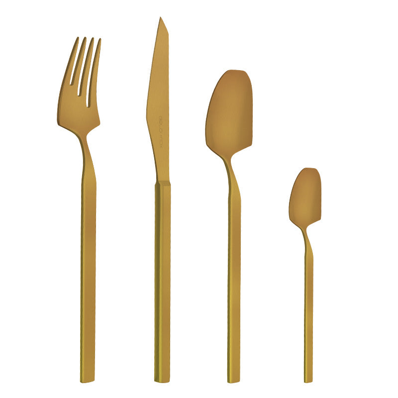 Belo Inox Vértice copper matte cutlery set with knife, fork, spoon, and teaspoon, designed by Fátima Lopes and handmade in Portugal