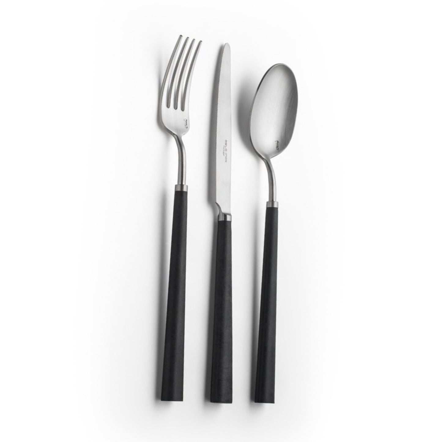 Belo Inox Yume cutlery in brushed stainless steel with black resin handles on white background.