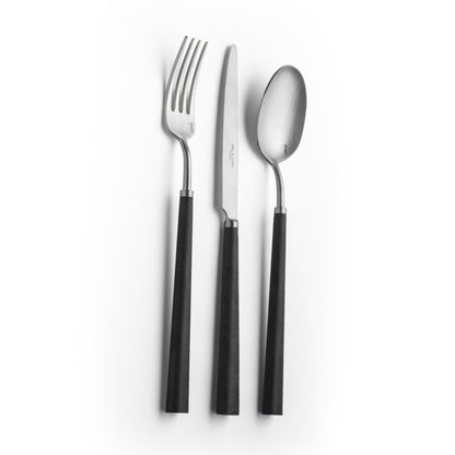 Belo Inox Yume cutlery in brushed stainless steel with black resin handles on white background.