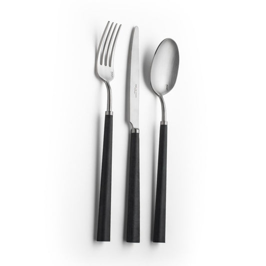 Belo Inox Yume cutlery in brushed stainless steel with black resin handles on white background.