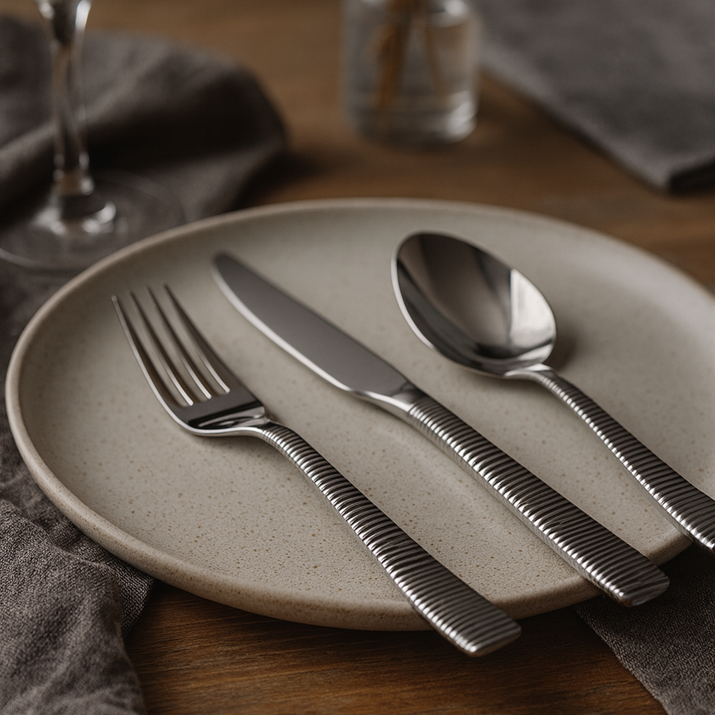 Bright Kitchen Rhythm Cutlery Set displayed in an elegant dining table setting with modern ambiance
