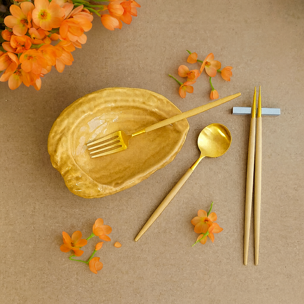 Cutipol GOA Ivory cutlery with matte gold finish styled with pastel orange flowers and a yellow ceramic dish on a beige background