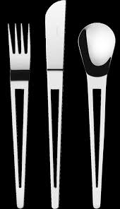 Herdmar Aztek cutlery set with knife, fork, and spoon in polished stainless steel on a black background.