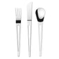Herdmar Aztek cutlery set with knife, fork, and spoon in polished stainless steel on a white background.