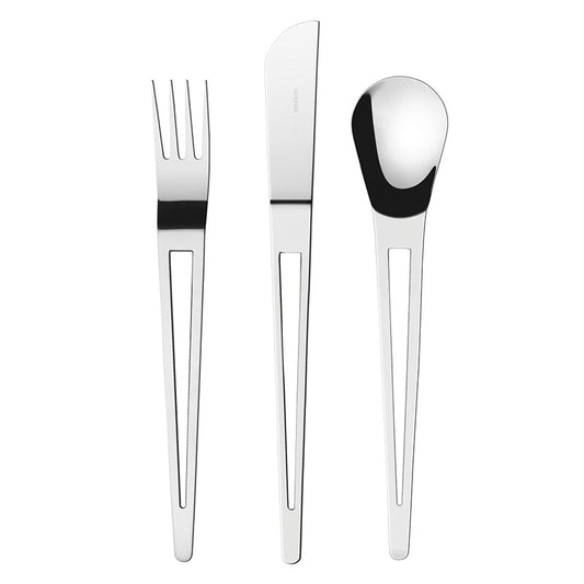 Herdmar Aztek cutlery set with knife, fork, and spoon in polished stainless steel on a white background.