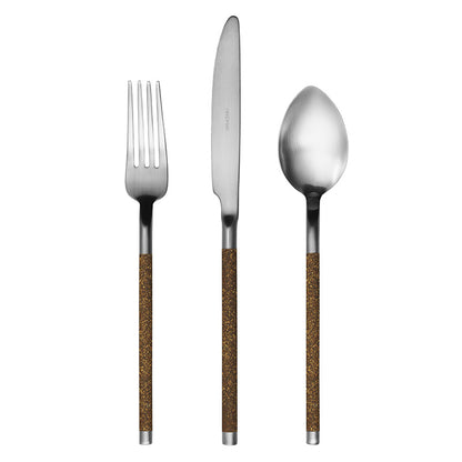 Herdmar NOHC cutlery set in 18/10 stainless steel with textured brown handles, crafted in Portugal.
