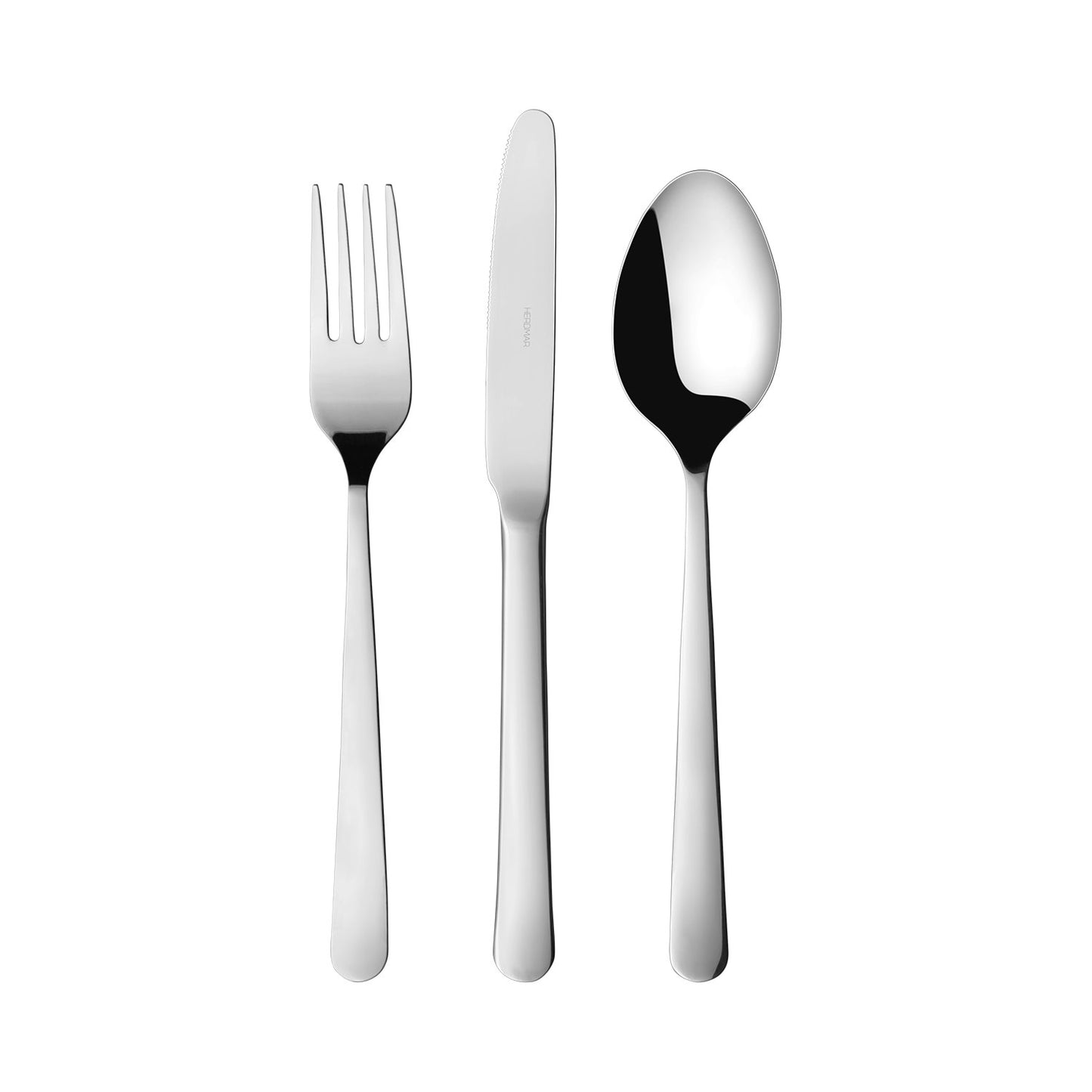Herdmar Oslo cutlery set with knife, fork, and spoon in polished stainless steel on a white background.