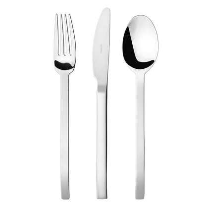 A set of cutlery including a table knife, table fork, and table spoon, with a minimalist design featuring straight, flat handles with subtle concavities.