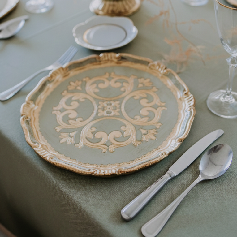 Elegant table setting featuring the Málaga gold-rimmed charger plate paired with polished stainless steel cutlery and crystal glassware on a sage-green tablecloth